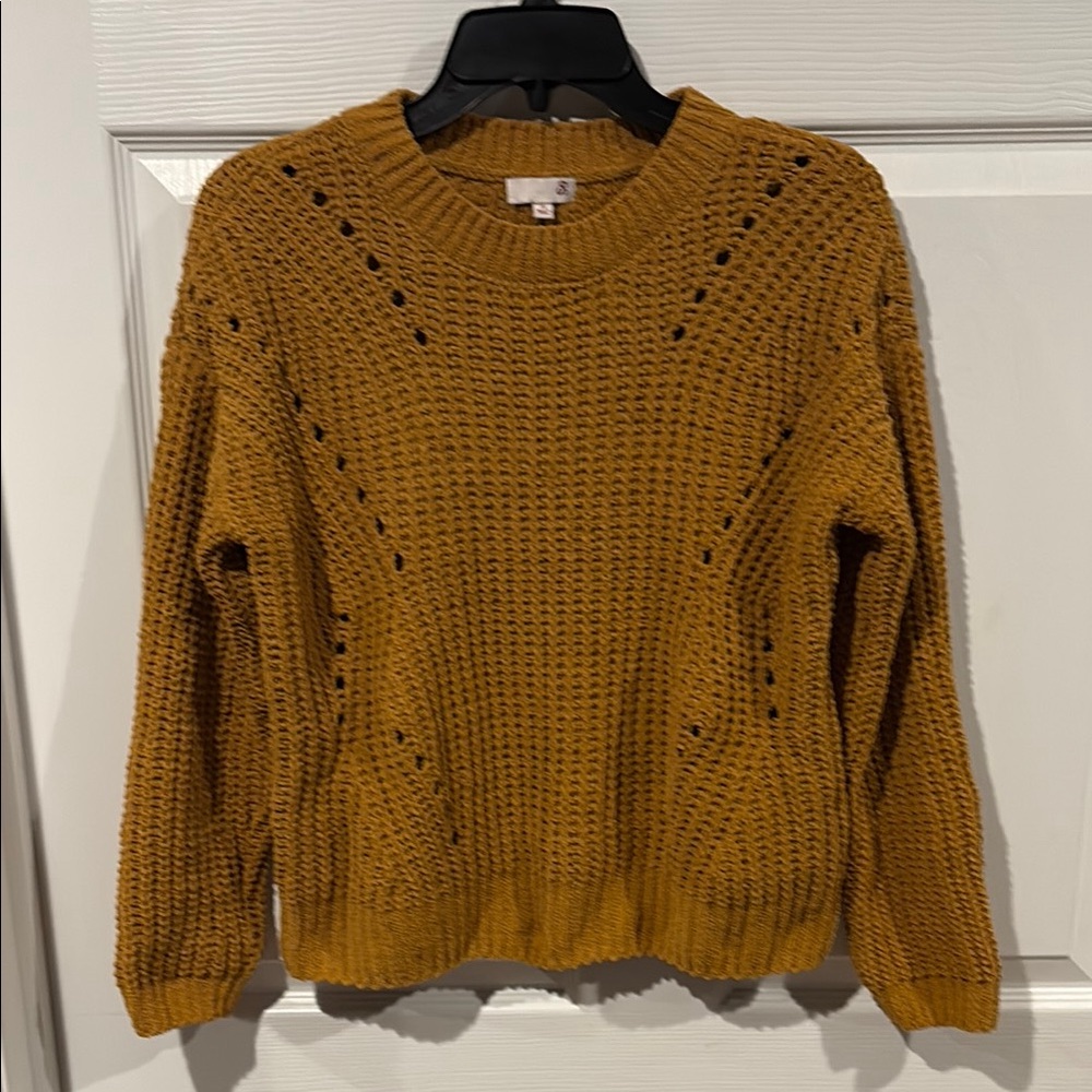 SO Women's Soft Mustard Open-Stitch Crewneck Sweater